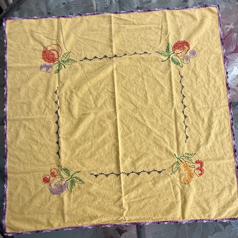 Vintage Yellow Cross Stitch Fruit Tablecloth Purple Crochet Trim 35x35
